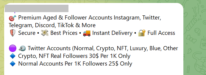 Captura de un mensaje que ofrece cuentas y seguidores ‘premium’ para redes sociales a cambio de pago.