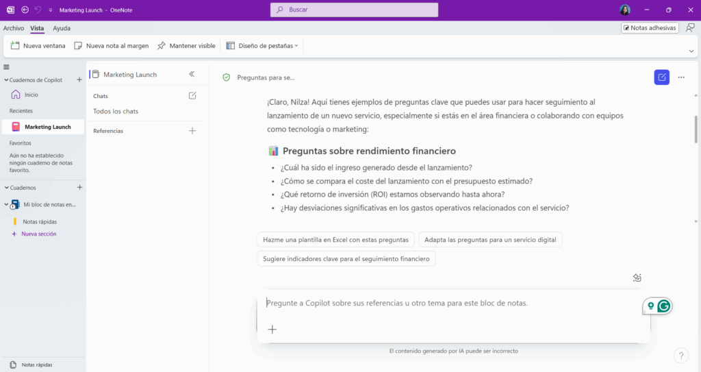 Lista de preguntas clave para evaluar el rendimiento financiero en el lanzamiento de un servicio, mostradas en OneNote.