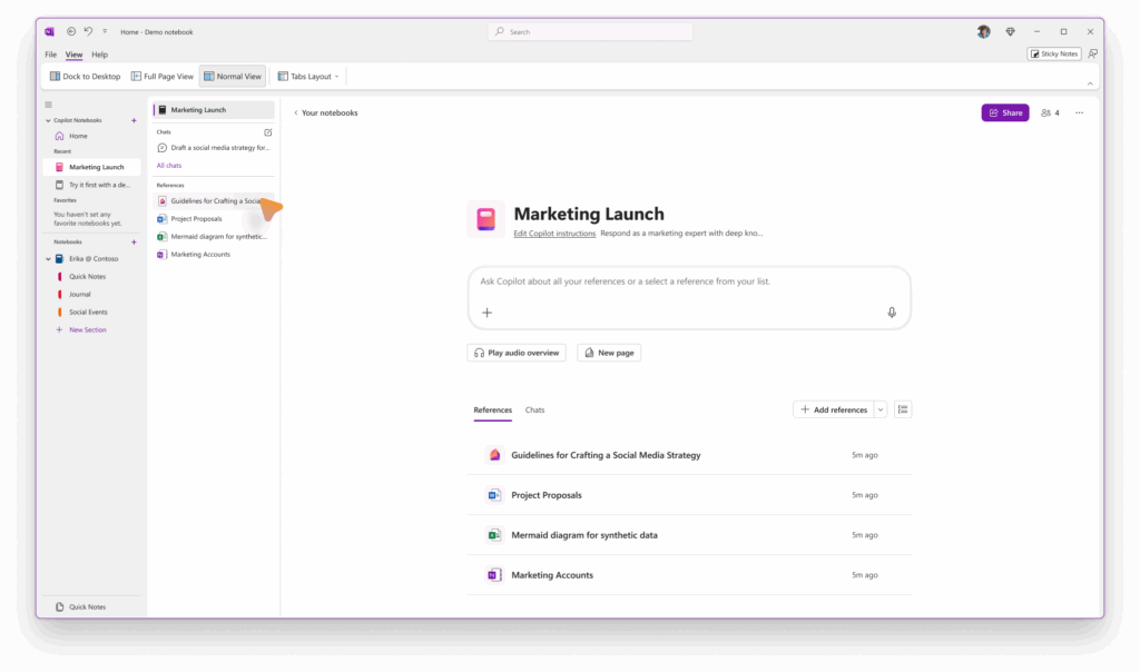 Captura de pantalla de Microsoft Teams mostrando el canal “Marketing Launch” con integración de Copilot para gestionar referencias y colaborar en documentos.