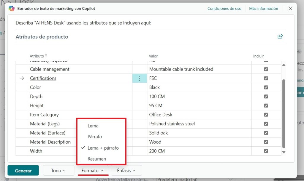 atributos de productos en dynamics 365 business central 2