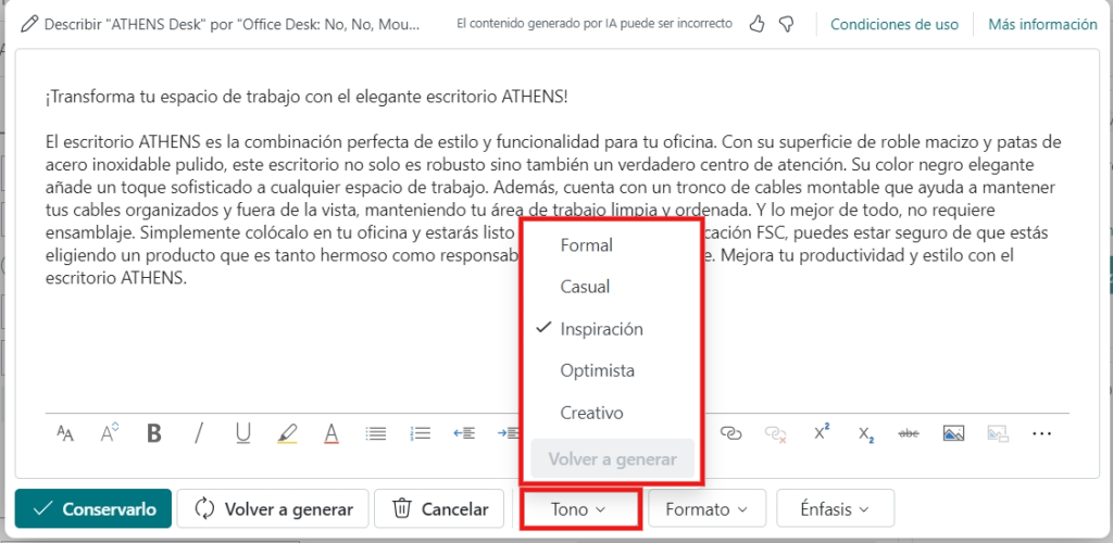 enfasis copilo en ficha de producto dynamics 365 business central 2