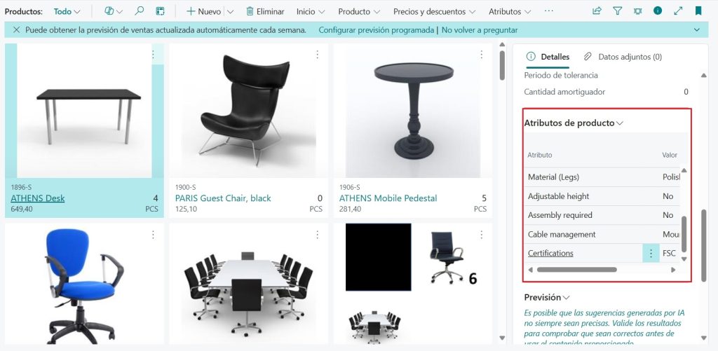 fichas de productos de dynamics 365 business central