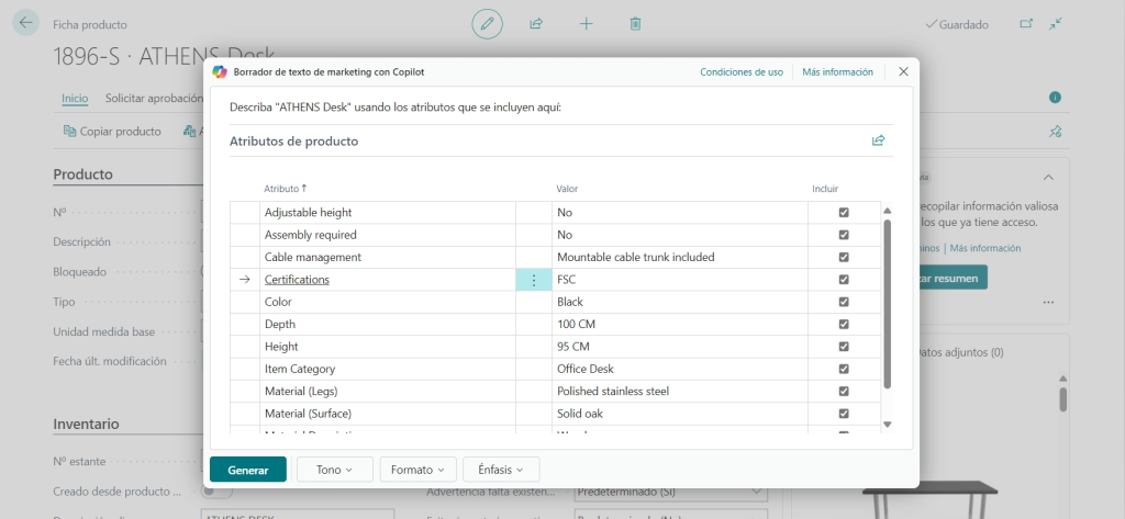 lista de atributos de producto en dynamics 365 business central