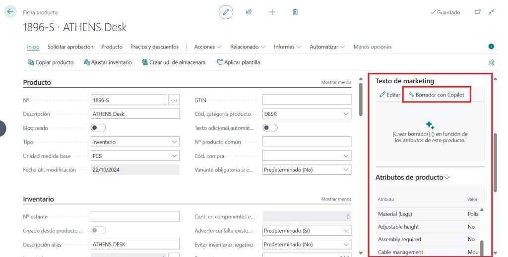 tarjeta de producto en dynamics 365 business central