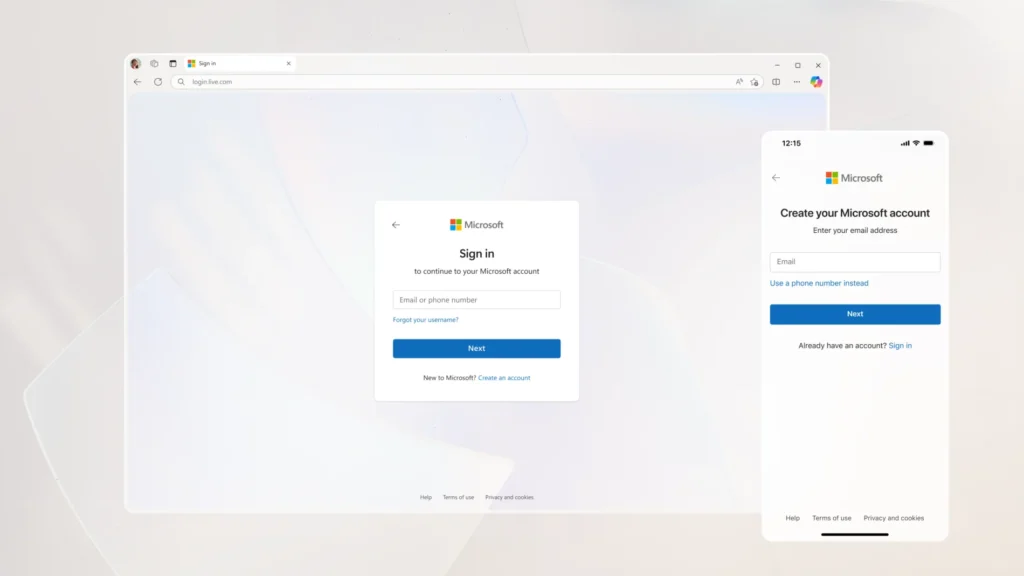 Pantallas de inicio y creación de cuenta Microsoft mostradas en un navegador y en un dispositivo móvil.