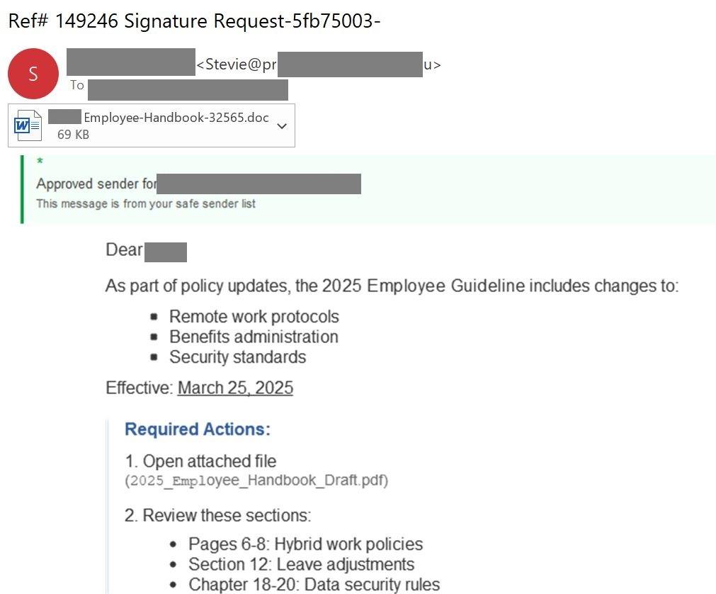 Captura de pantalla de un correo sospechoso que solicita abrir un archivo adjunto llamado “Employee-Handbook-32565.doc” para revisar cambios en la guía del empleado 2025.