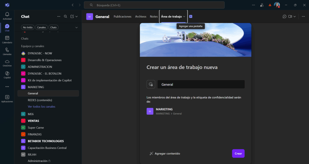 Creación de área de trabajo en Microsoft Teams con canal "General" activo.
